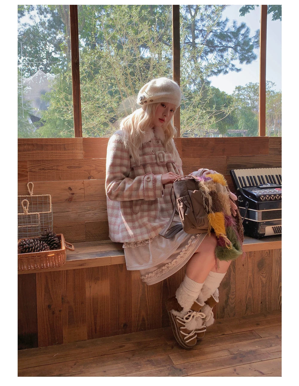 RF - Dusty Pink Plaid Wool-Look Coat with Detachable Fur Collar