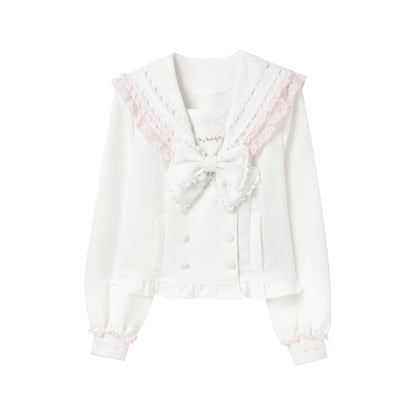 KYOUKO - My Melody White and Pink Lace Sailor Top, Heart Pleated Skirt and Tulle Skirt Set