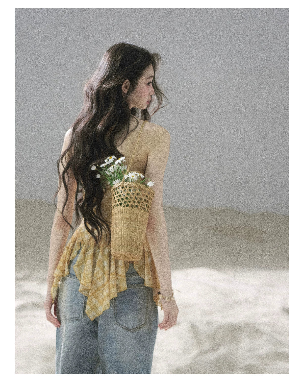 "Fields of Provence" Goose Yellow Halter Plaid Waist-Cinched Top