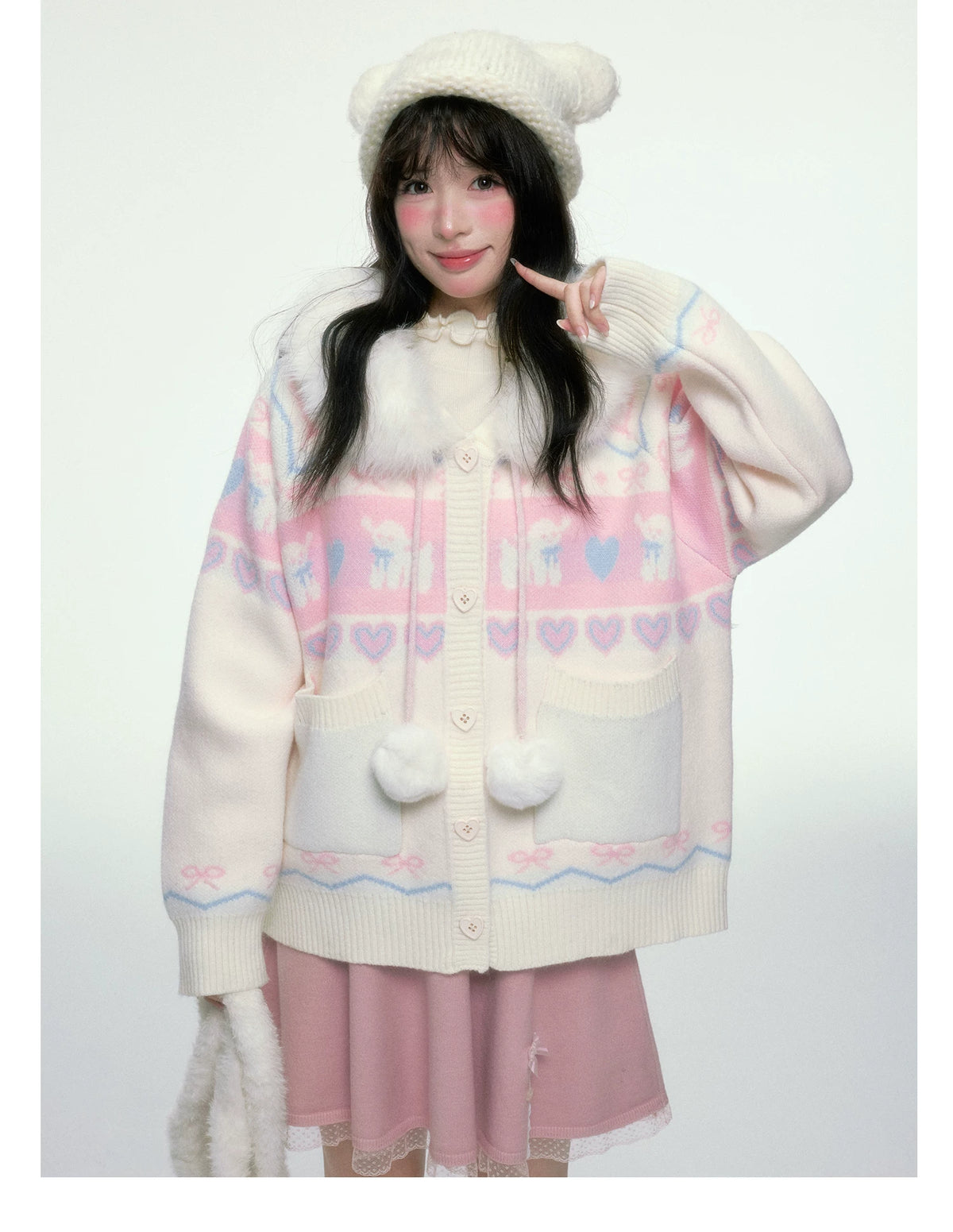 BIBIBENCY - Pink and White Hooded Knit Cardigan with Faux Fur Trim