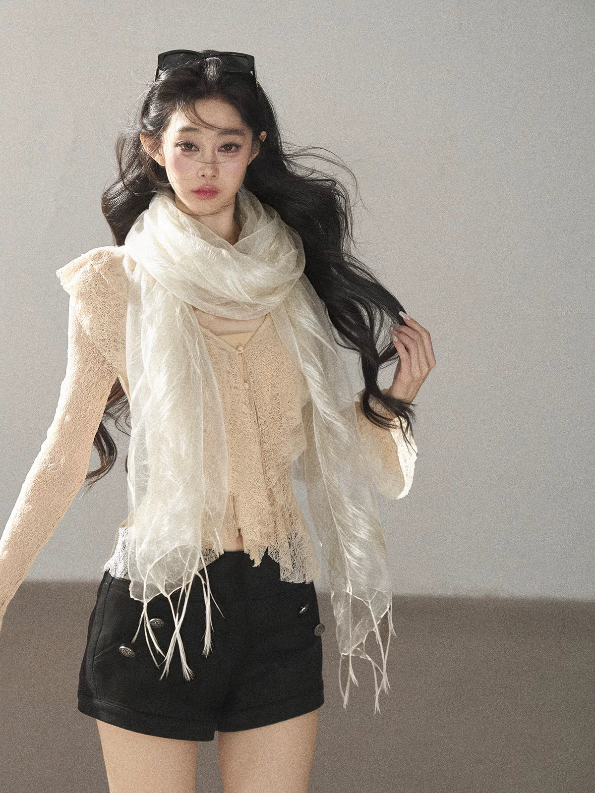 AOMALM - 100% Silk Sheer Fringe Scarf