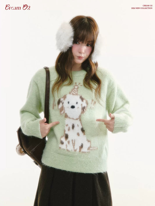CREAMO2 - Spotted Dog Jacquard Crewneck Sweater (With Scarf)