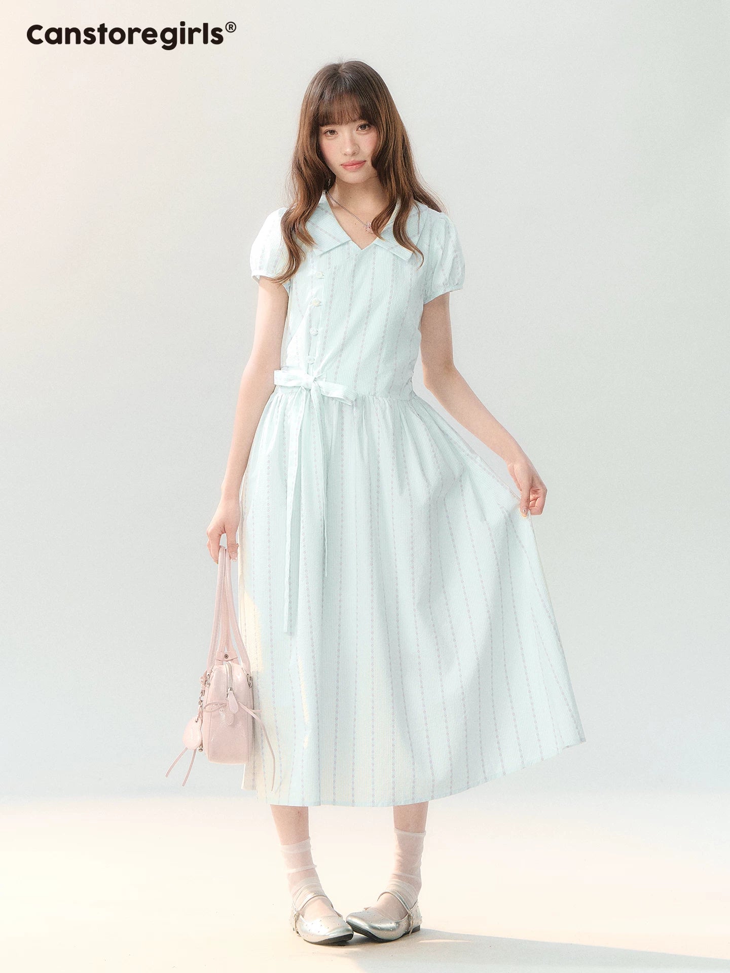 "Early Summer Letter" Blue Stripe Bow-Tie Wrap Dress PP2026211