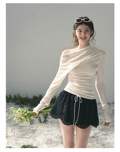 “Where Shadow Walks Beside Light” Milk Apricot Asymmetrical Top