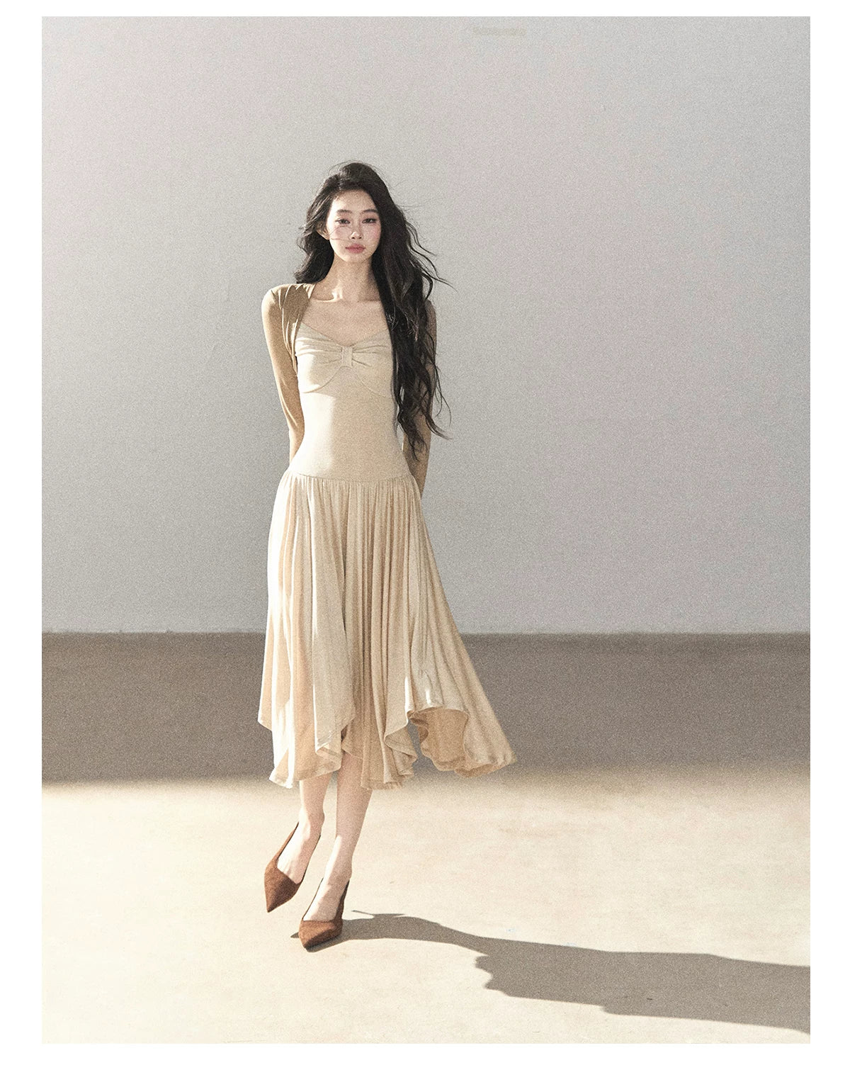 AOMALM - Light Sand Faux Two-Piece Midi Dress with Draped Shawl