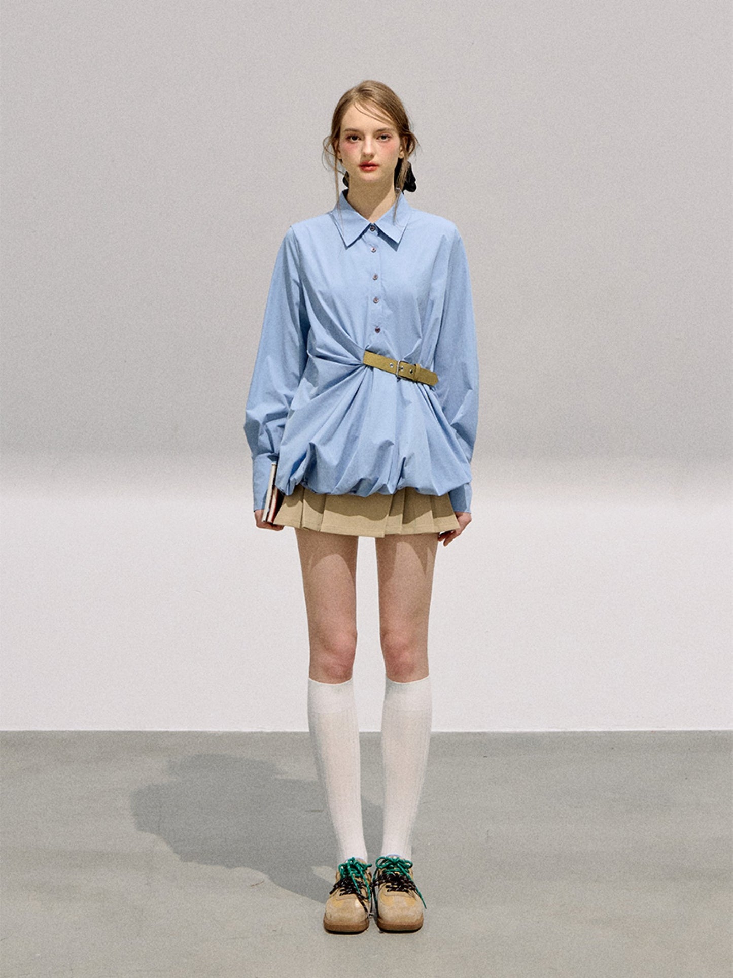 BOHOL BLING - Preppy Sweetheart Contrast Buckle Puff Sleeve Blouse