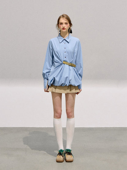 BOHOL BLING - Preppy Sweetheart Contrast Buckle Puff Sleeve Blouse