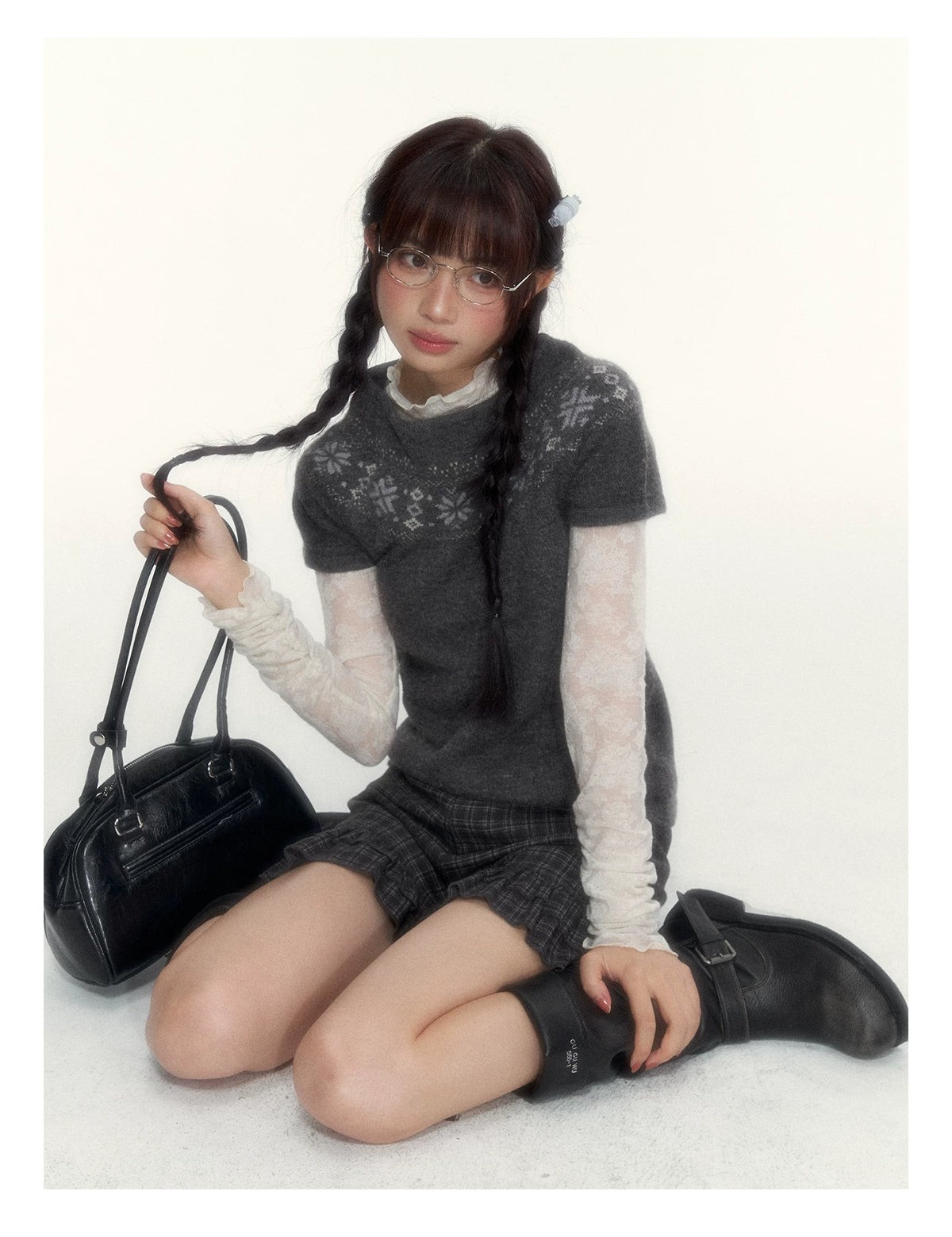 Deep Gray Fair Isle Short-Sleeve Knit Sweater