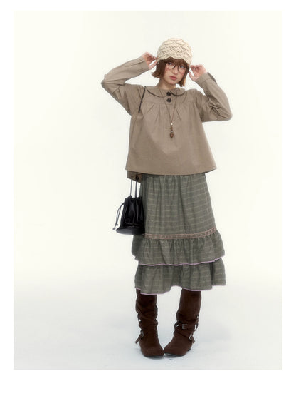 "The Vintage Darling" Light Coffee Plaid Cotton Peter Pan Collar Blouse