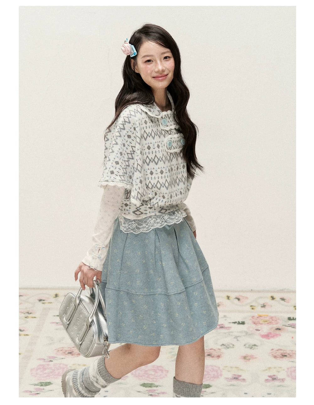 [RF] Frost Mist Blue Floral Jacquard A-Line Midi Skirt with Plaid Waistband
