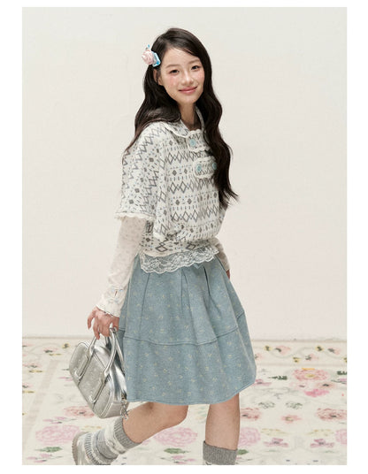 [RF] Frost Mist Blue Floral Jacquard A-Line Midi Skirt with Plaid Waistband