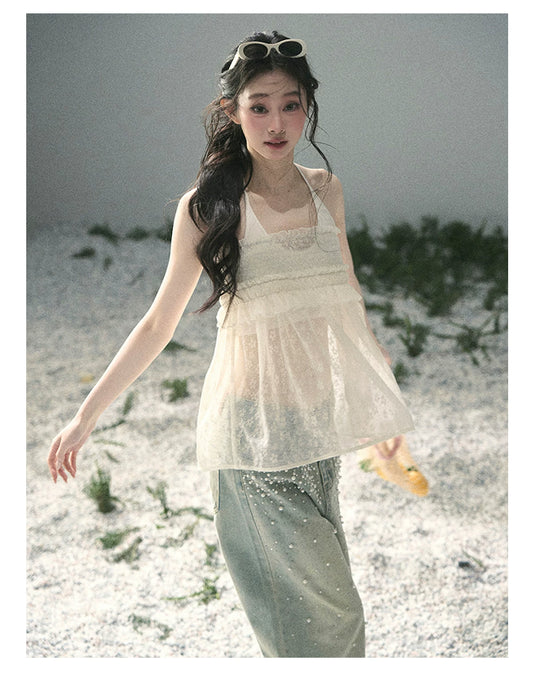 “Shattered Glasslight Veil” Cream Lace Halter Twinset Top