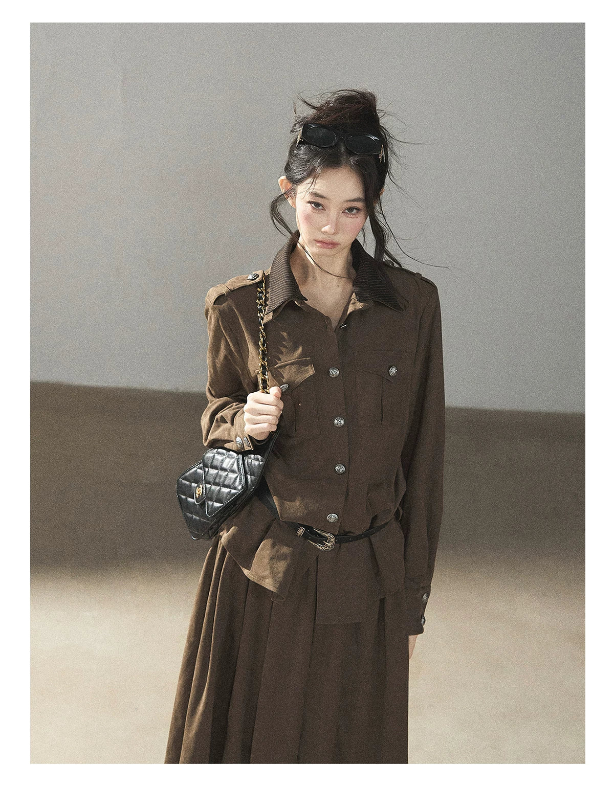 AOMALM - Terracotta Brown Shirt & Pleated Mini Skirt Set (With Belt)