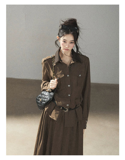 AOMALM - Terracotta Brown Shirt & Pleated Mini Skirt Set (With Belt)