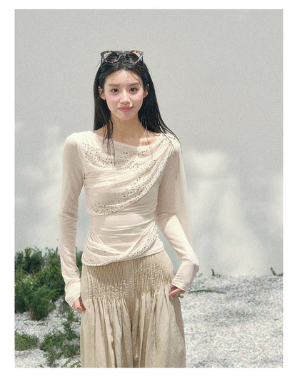 “Frosted Kiss” Milk Apricot Mesh Waist-Cinched Top