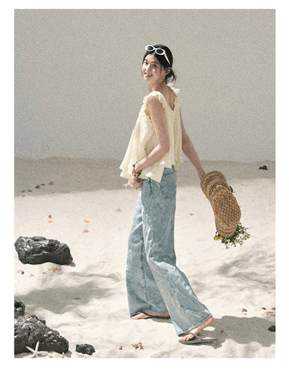 "Twinkling Starlight" Sky Blue Floral Rhinestone Wide-Leg Jeans