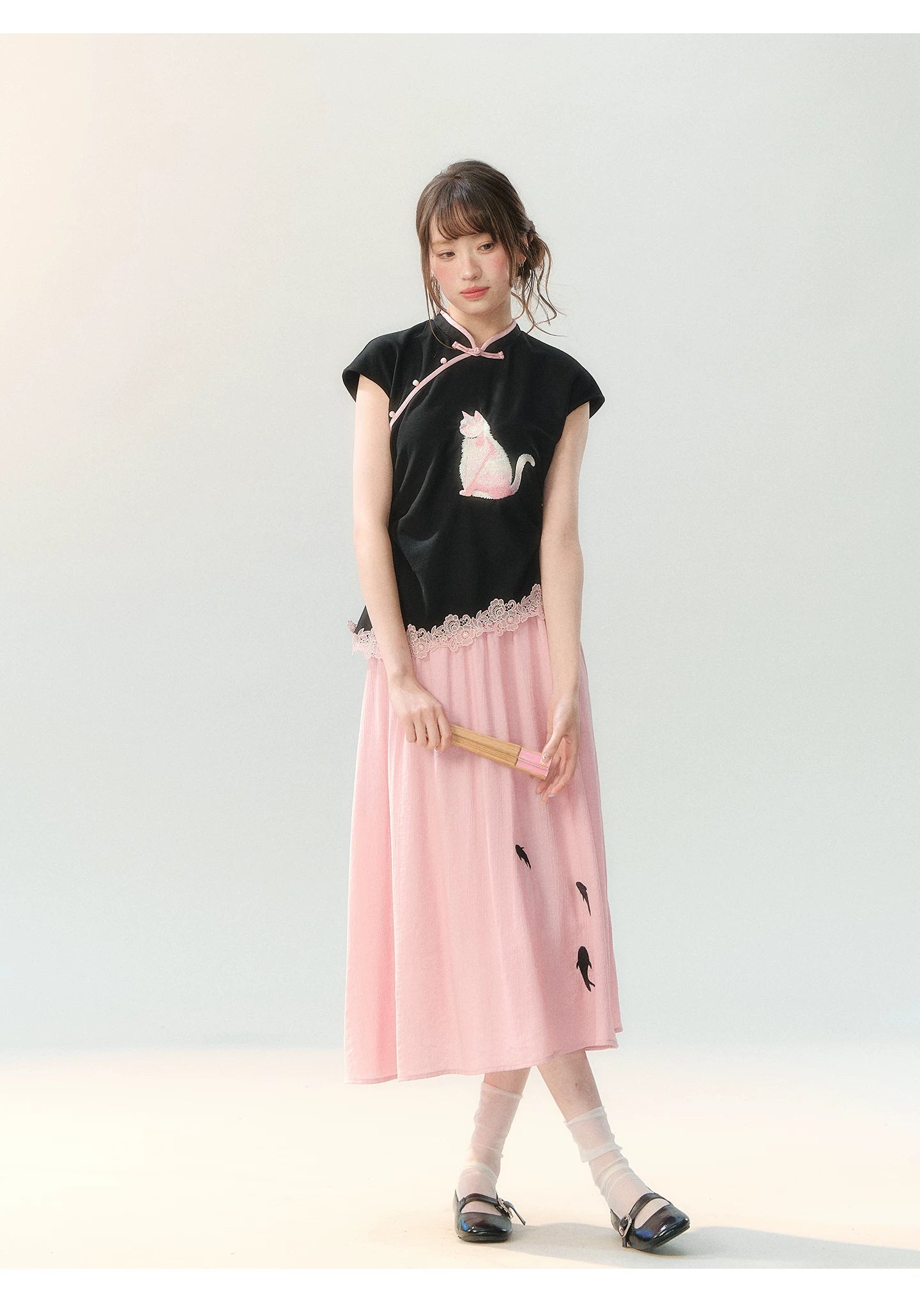 "Pink Letter, Cat’s Silhouette" New Chinese Embroidered Skirt Set SH2026223