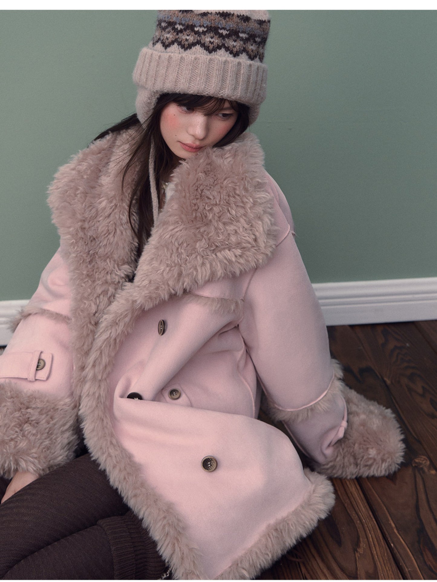 Soote Season - Oversized Korean-Style Faux Suede Shearling Collar Mid-Length Coat - Mist Pink