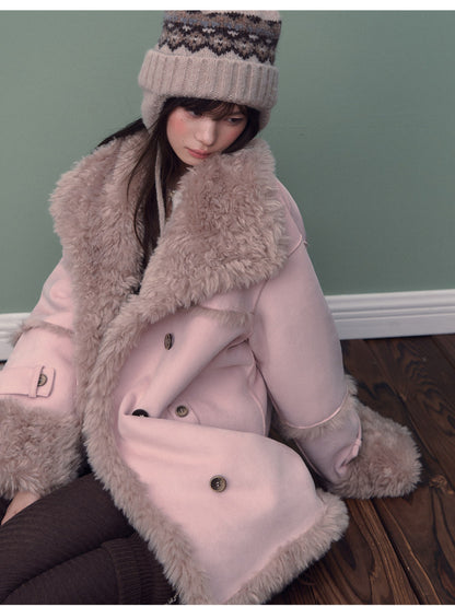 Soote Season - Oversized Korean-Style Faux Suede Shearling Collar Mid-Length Coat - Mist Pink