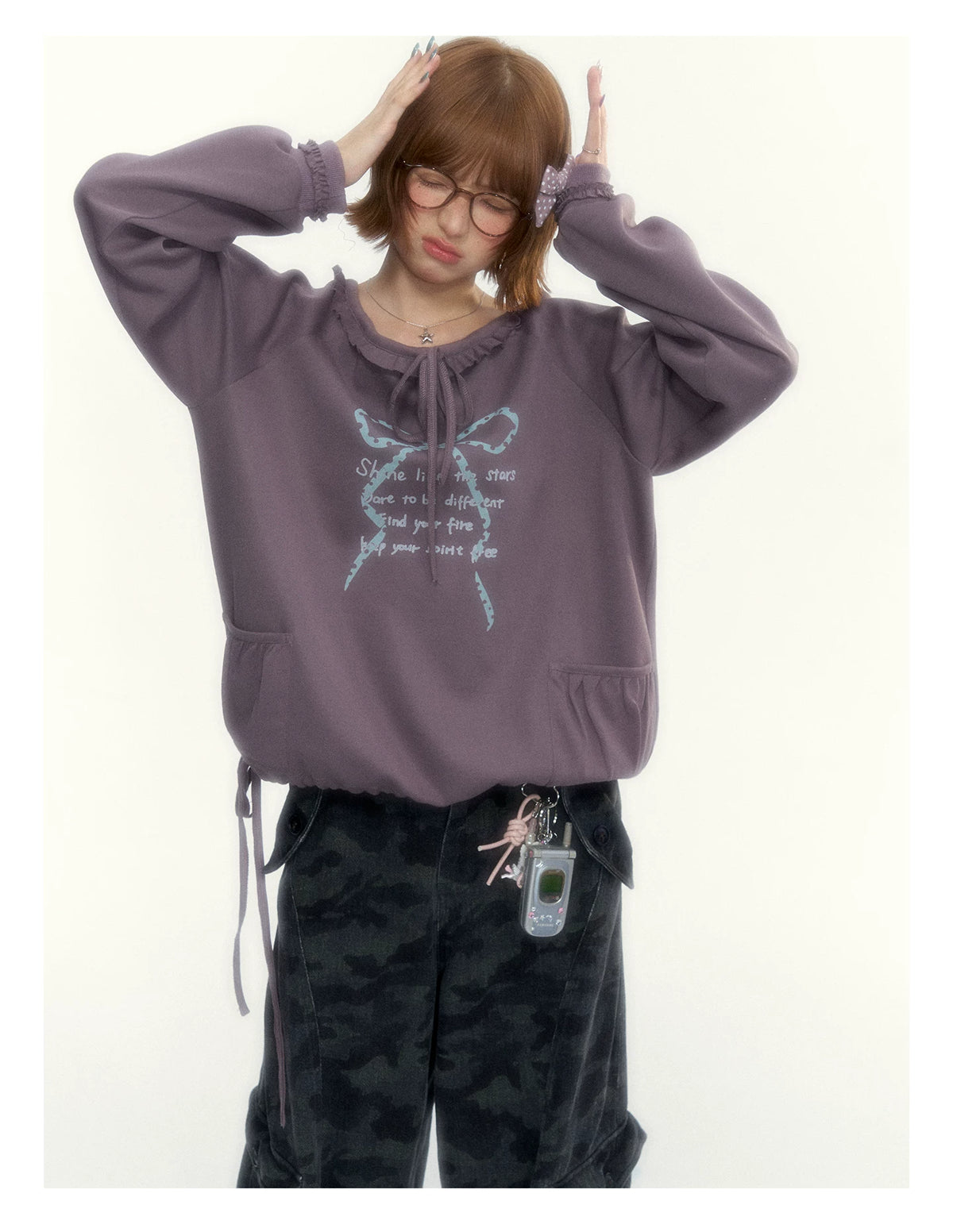 Deep Purple Bow-Tie Lettuce-Trim Off-Shoulder Sweatshirt