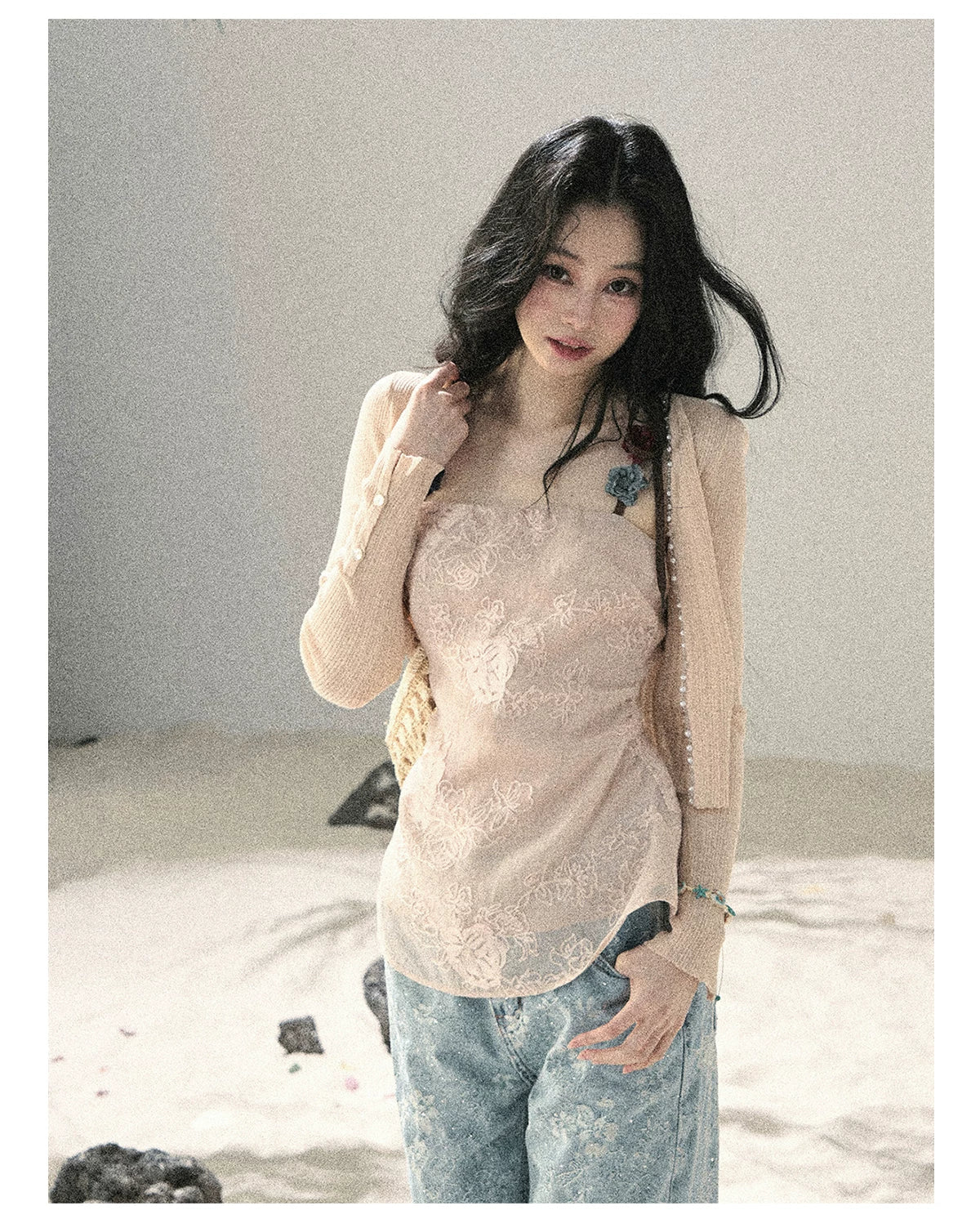 "Begonia in the Evening Breeze" Lotus Pink Embroidered Floral Cami Top