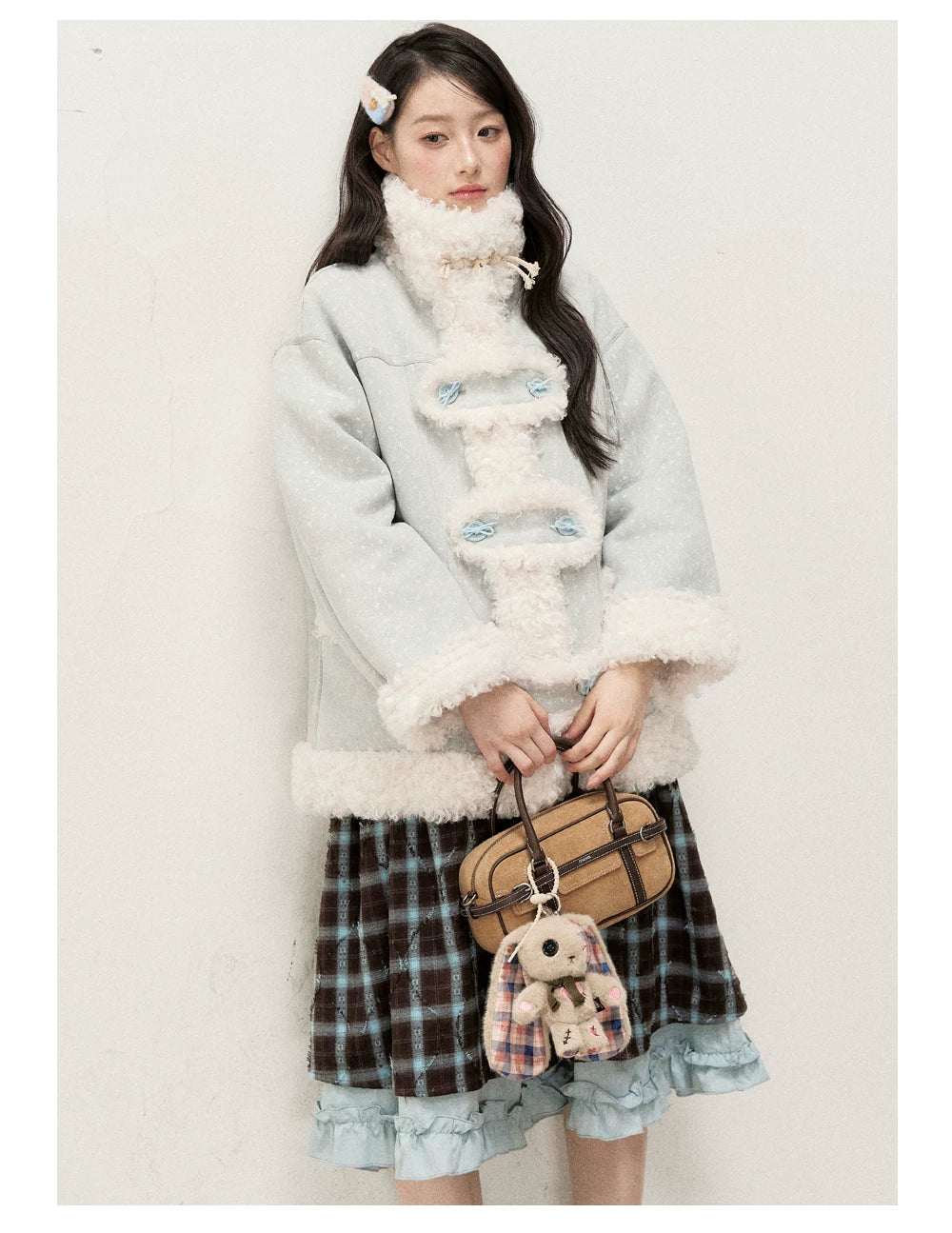 RF - Mist Blue Bow Print Suede-Look Jacket with Cream Curly Faux Fur Trim
