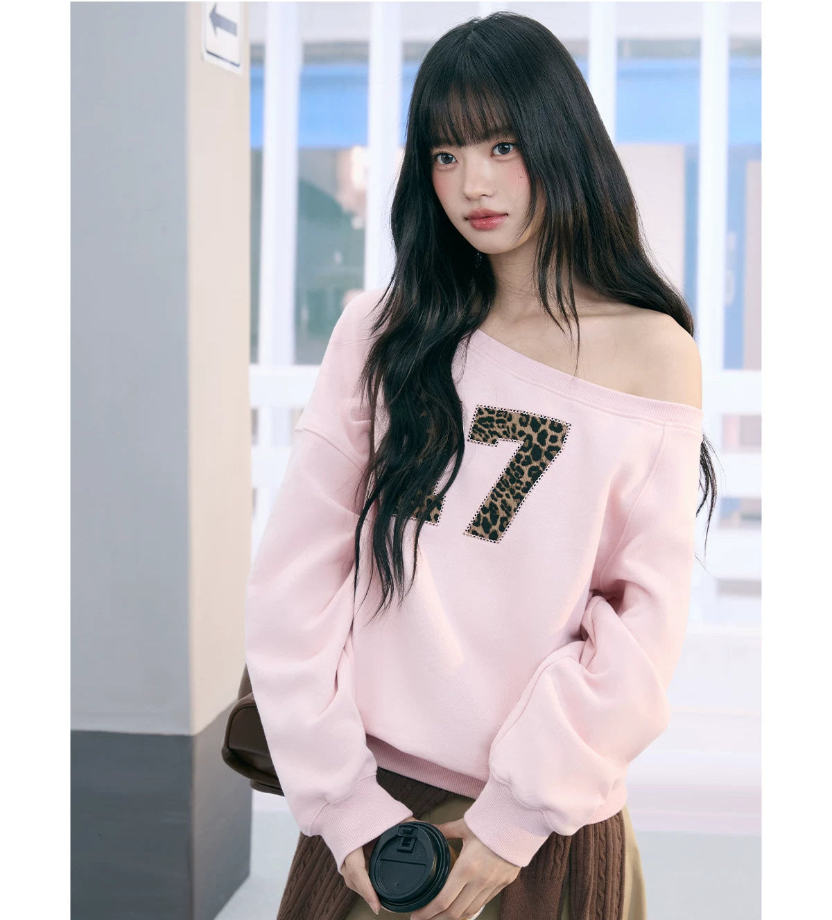 "Pink Panther Mood" Blush Pink Leopard Patch One-Shoulder Sweatshirt