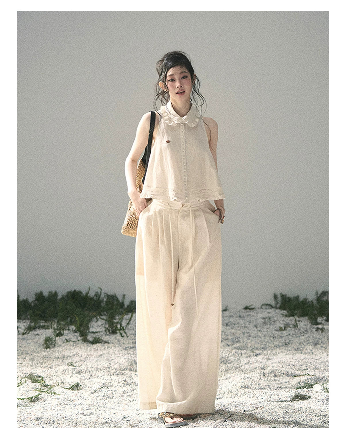 "Soft Cloud Reverie" Dutch Cream Lace Top & Bubble Skirt & Wide-Leg Pants Set 5468465