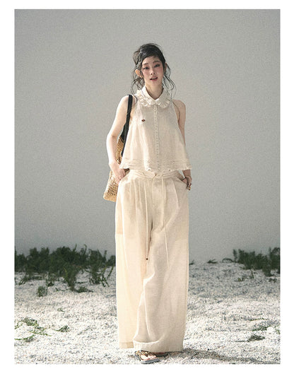 "Soft Cloud Reverie" Dutch Cream Lace Top & Bubble Skirt & Wide-Leg Pants Set 5468465