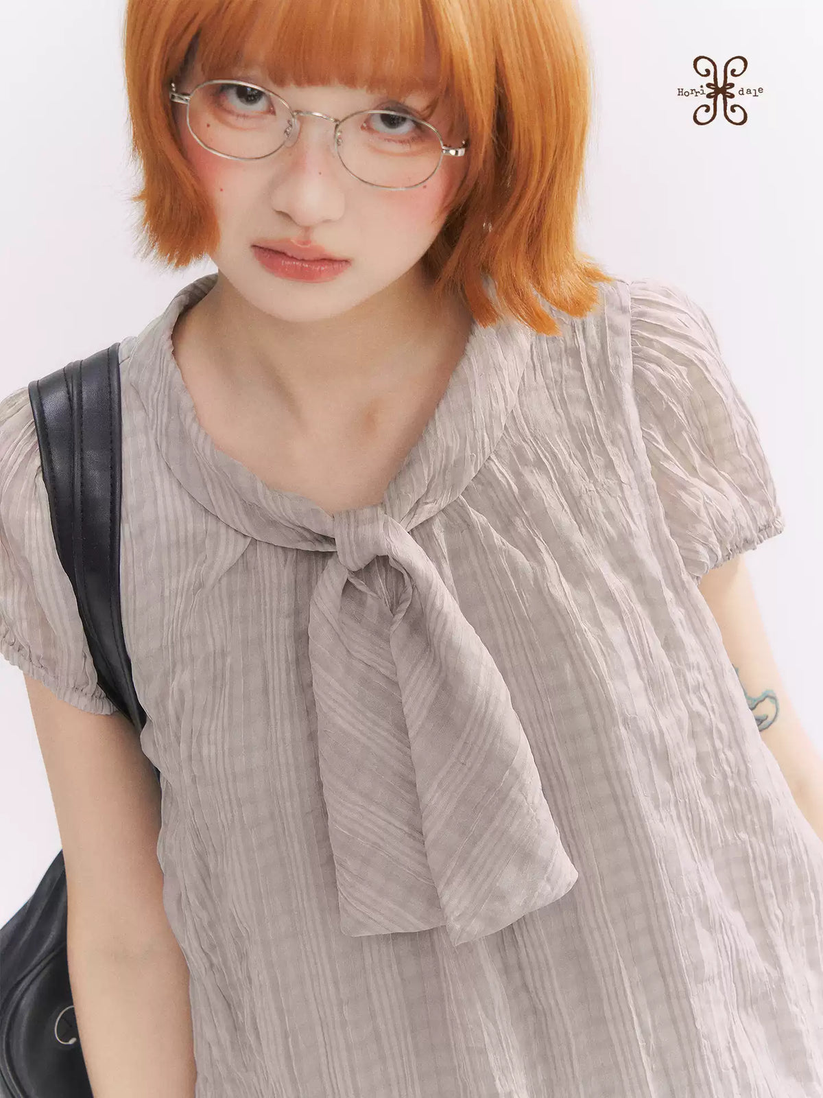 “Formatted Memories” Gray Plaid Textured Bow Tie Puff Sleeve Blouse