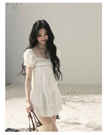 "Light as a Cloud" Frost White Puff Sleeve Lace Babydoll Mini Dress