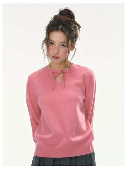 CANSTORE - "Berry Reverie" Pink V-Neck Bow-Tie Knit Sweater