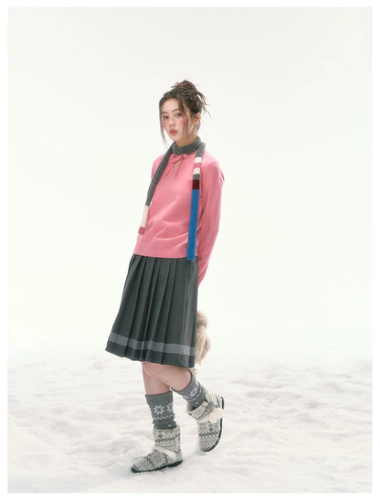 CANSTORE - "Berry Reverie" Pink V-Neck Bow-Tie Knit Sweater