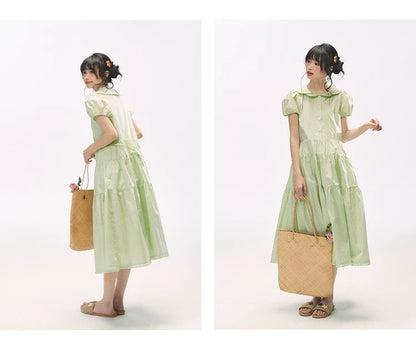 "Mint Forest" Mint Green Double Collar Tiered A-Line Midi Dress