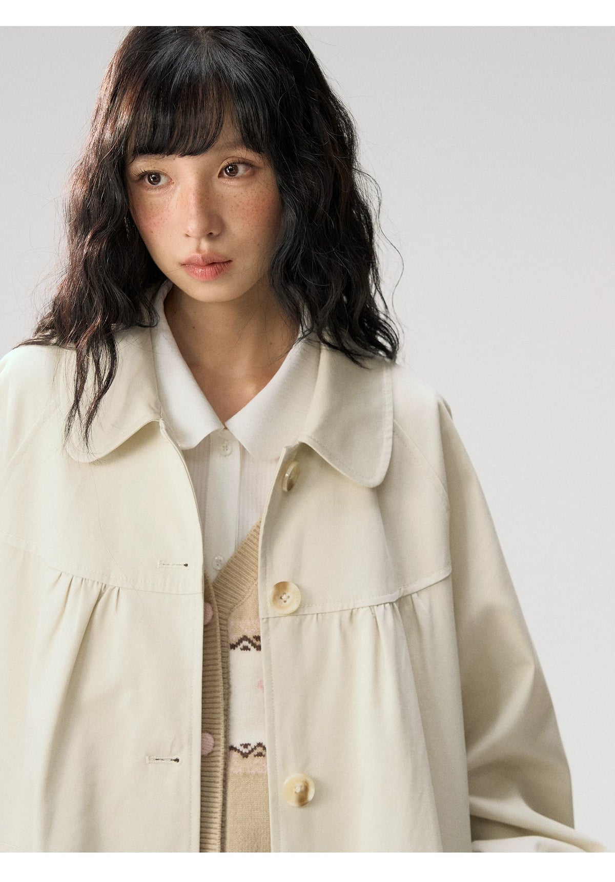 [CAN] “Oat Check Collar” Apricot Bow Cape Collar Trench Coat