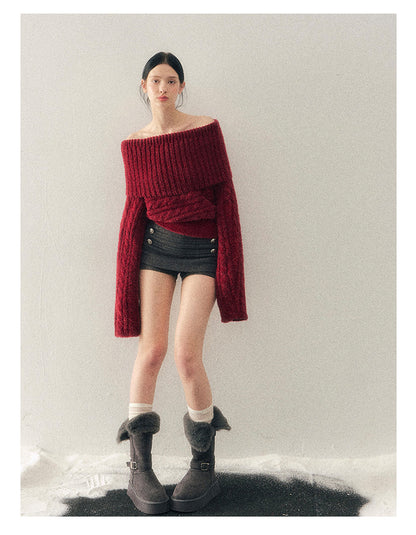 少也眼 "Crimson Glow on the Shoulders" Off-Shoulder Cable Knit Cropped Sweater