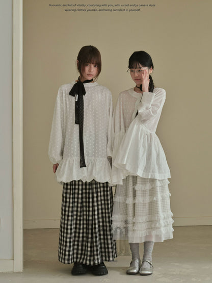 "Blooming Mist" White Textured Polka Dot Tie-Waist Bubble Midi Dress