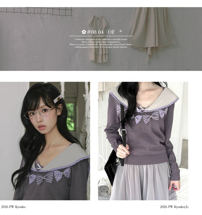 "Sage Whisper" Ethereal Layered Collection (Sailor Knit Sweater / Pleated Midi Skirt / Mesh Overlay Skirt)