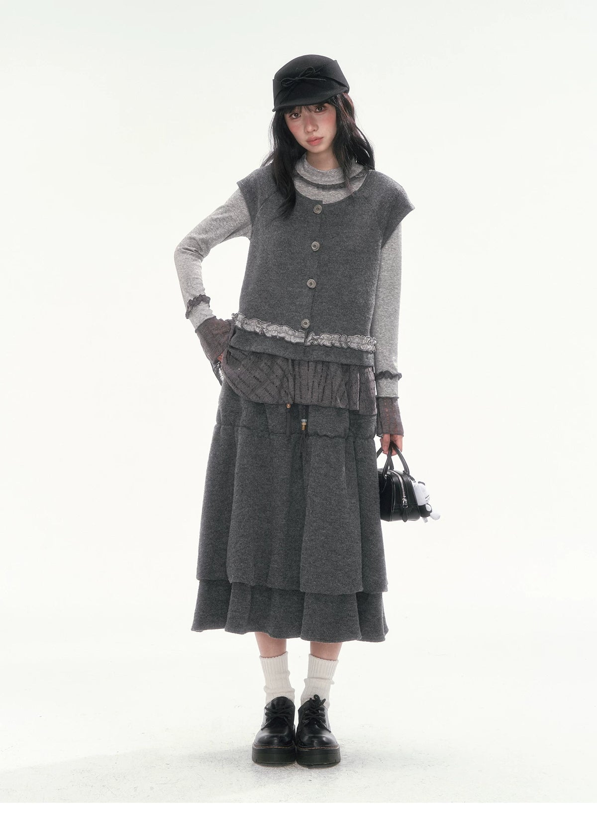 [CAN] Dark Gray Tiered Wool-Blend Midi Skirt