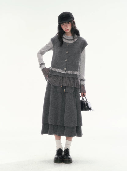 [CAN] Dark Gray Tiered Wool-Blend Midi Skirt