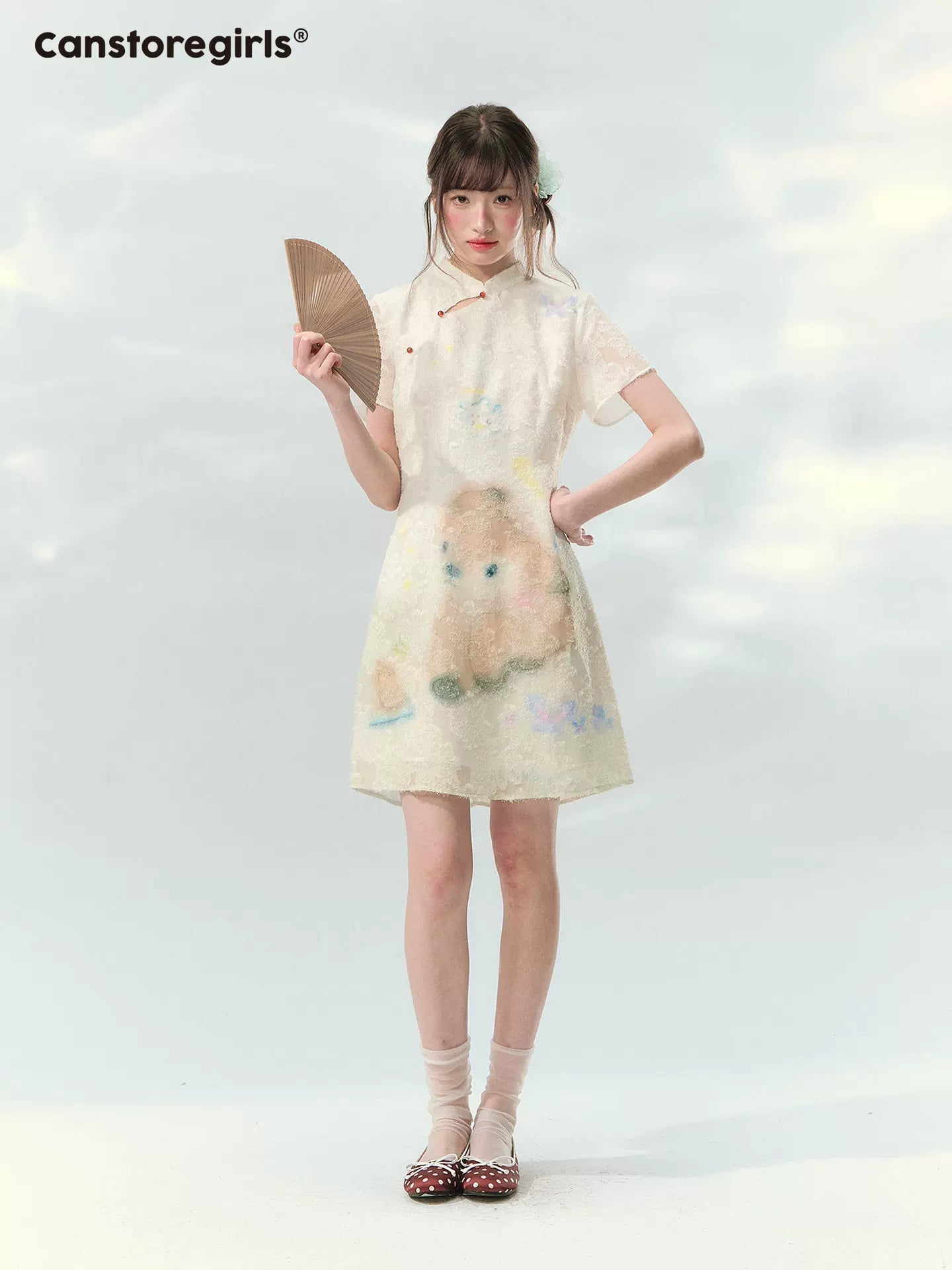 “Velvet Deer Whisper” Ivory Deer Print Cheongsam Dress LL2026174
