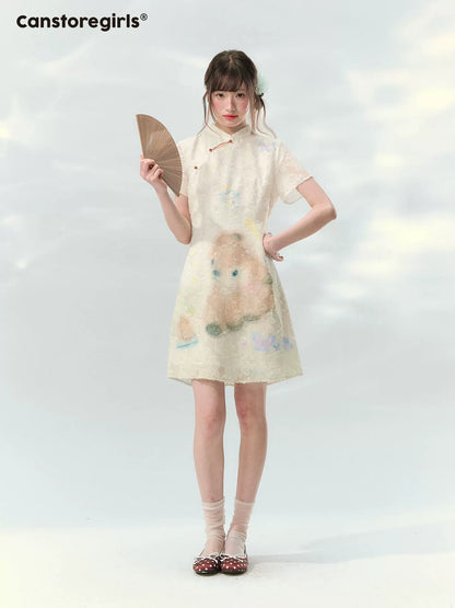 “Velvet Deer Whisper” Ivory Deer Print Cheongsam Dress LL2026174