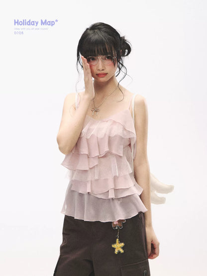 "Star Haven" Tiered Ruffle Cami Top (Cloud Blush Pink/ Moonlight Gray)