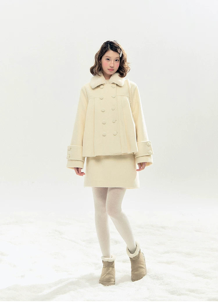 "Berlin Snowfall" Double-Breasted Quilted Wool-Blend Peacoat (Ivory/ Chocolate Brown)