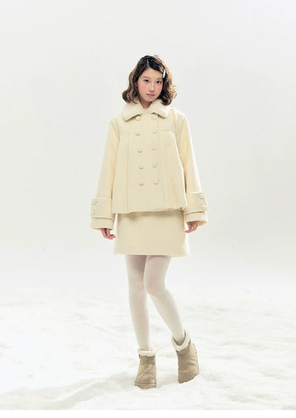 "Berlin Snowfall" Double-Breasted Quilted Wool-Blend Peacoat (Ivory/ Chocolate Brown)