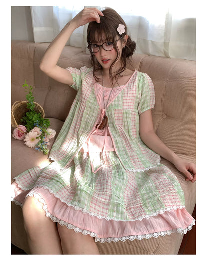 [RF] “Green Grape Picnic” Pastel Plaid Two-Piece Skirt Set