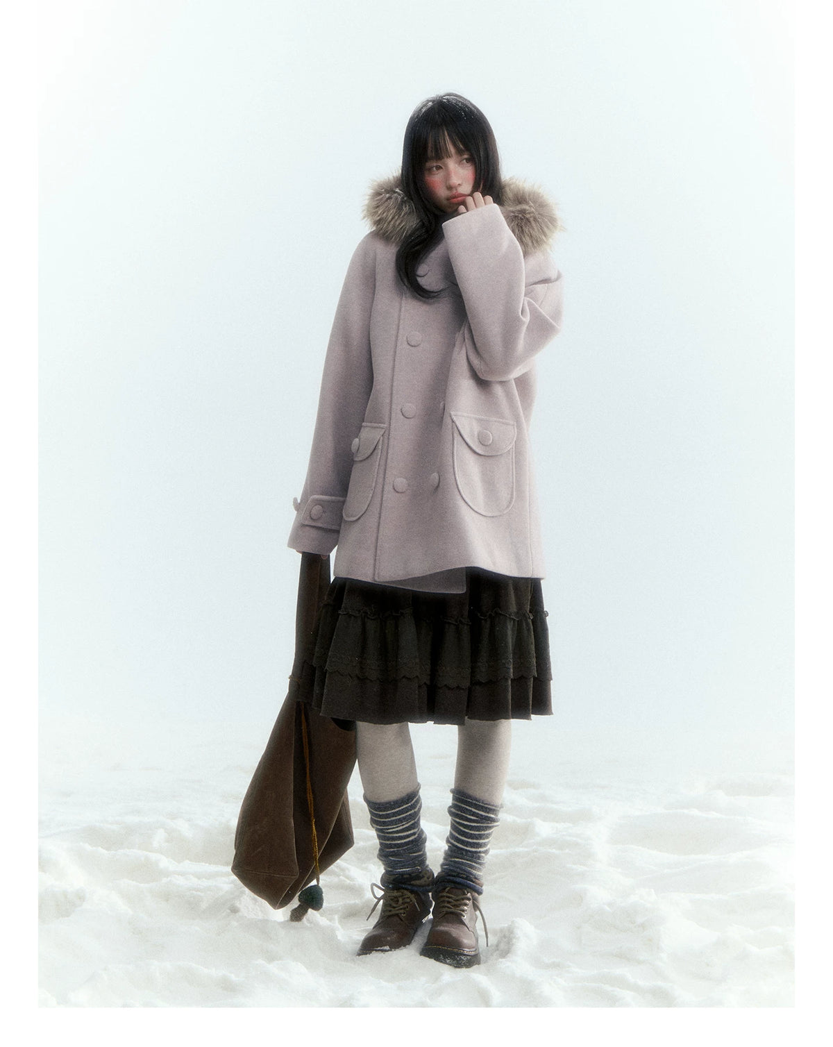 Japanese Hooded Double-Breasted Wool Coat (Deep Charcoal Gray / Taro Purple)