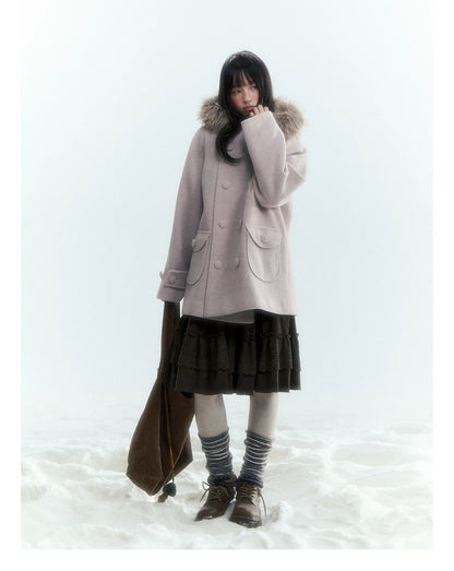 Japanese Hooded Double-Breasted Wool Coat (Deep Charcoal Gray / Taro Purple)