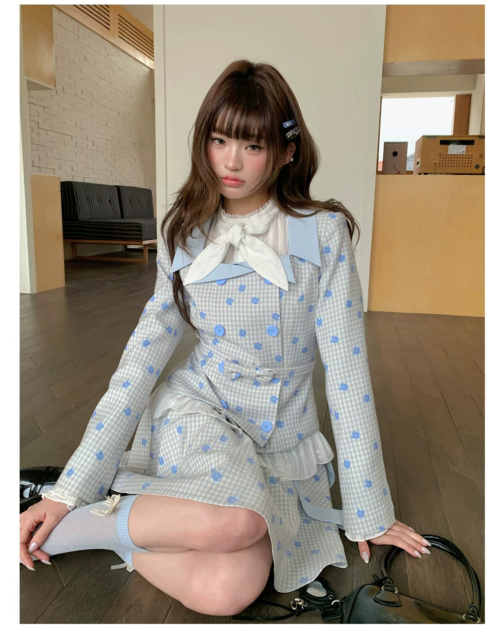 “Bluebell Letter” Light Blue Plaid Blazer Top & Ribbon Skirt