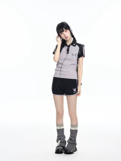 170726K "Midnight Track" Black & Purple Polo Athletic Set (Polo Athletic Top + Athletic Shorts)